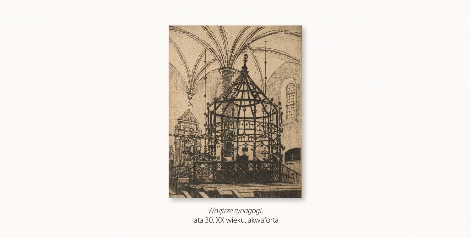 Jan Wojnarsk, Wnętrze synagogi – przedstawia wnętrze żydowskiej świątyni z centralnie umieszczoną bimą w formie ażurowej altany